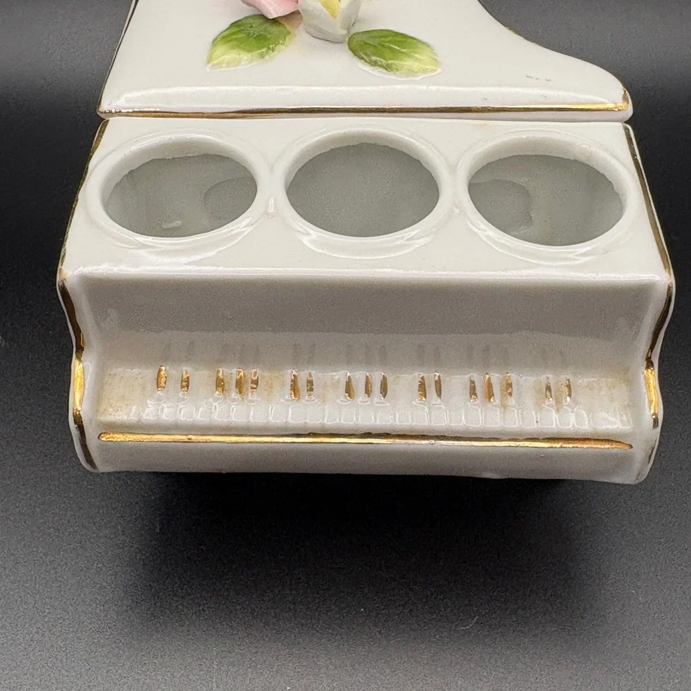 Vintage DeVilbiss Ceramic Floral Piano W/Gold Accents Candle Holder Trinket Box